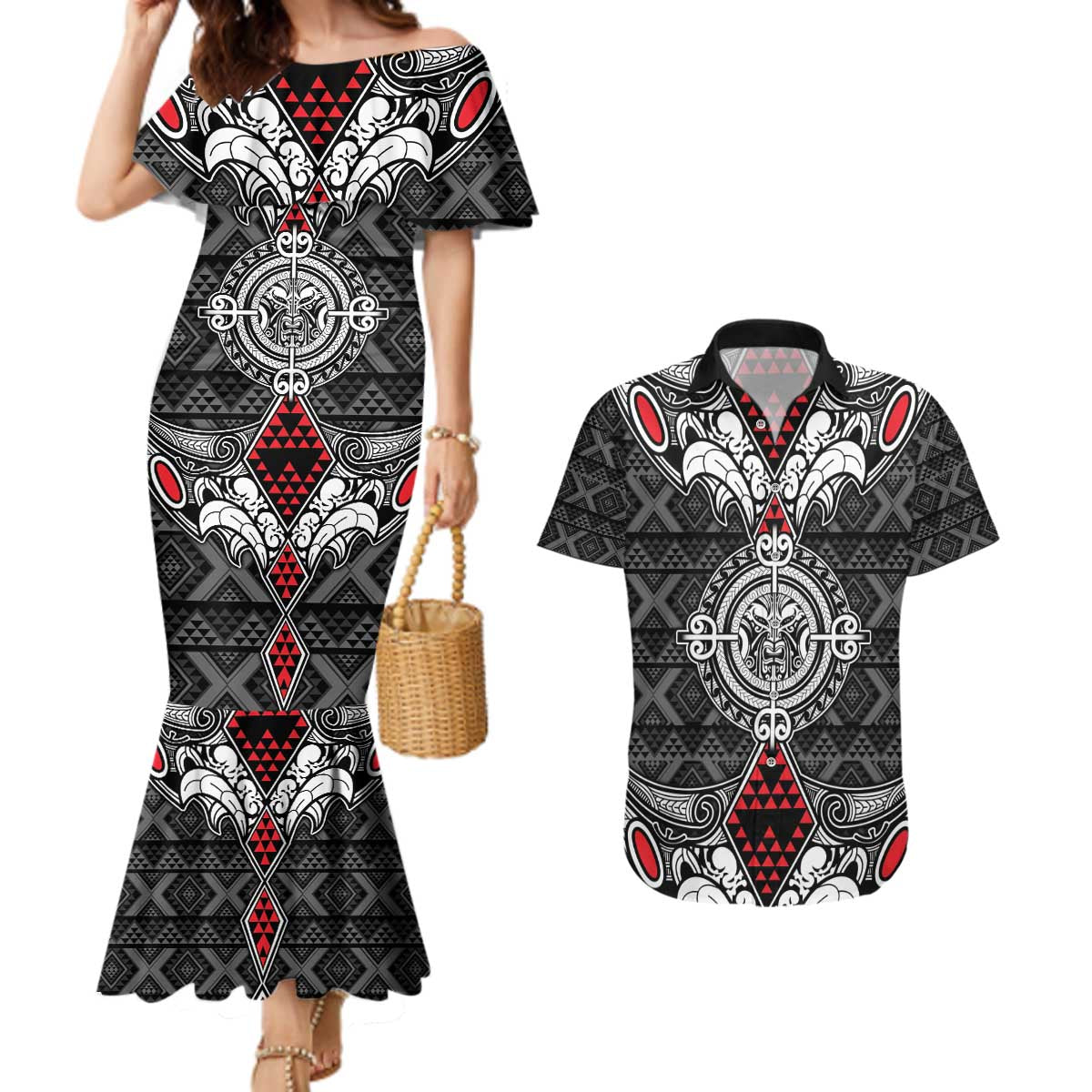 Black Aotearoa Tanilo Motif Couples Matching Mermaid Dress and Hawaiian Shirt Vintage Maori New Zealand Tribal Art Pattern LT9 Black - Polynesian Pride