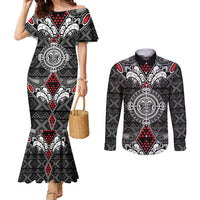Black Aotearoa Tanilo Motif Couples Matching Mermaid Dress and Long Sleeve Button Shirt Vintage Maori New Zealand Tribal Art Pattern LT9 Black - Polynesian Pride