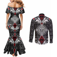 Black Aotearoa Tanilo Motif Couples Matching Mermaid Dress and Long Sleeve Button Shirt Vintage Maori New Zealand Tribal Art Pattern LT9 - Polynesian Pride