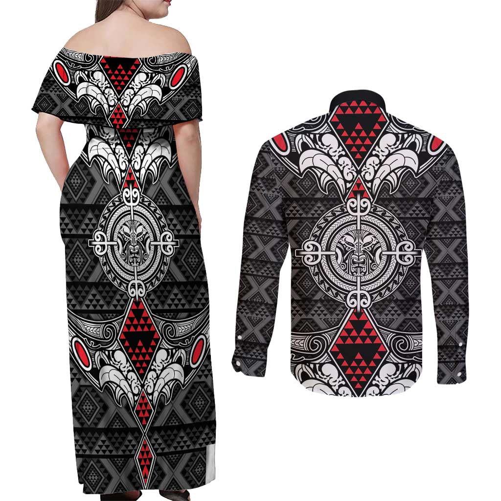 Black Aotearoa Tanilo Motif Couples Matching Off Shoulder Maxi Dress and Long Sleeve Button Shirt Vintage Maori New Zealand Tribal Art Pattern LT9 - Polynesian Pride