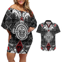 Black Aotearoa Tanilo Motif Couples Matching Off Shoulder Short Dress and Hawaiian Shirt Vintage Maori New Zealand Tribal Art Pattern LT9 Black - Polynesian Pride