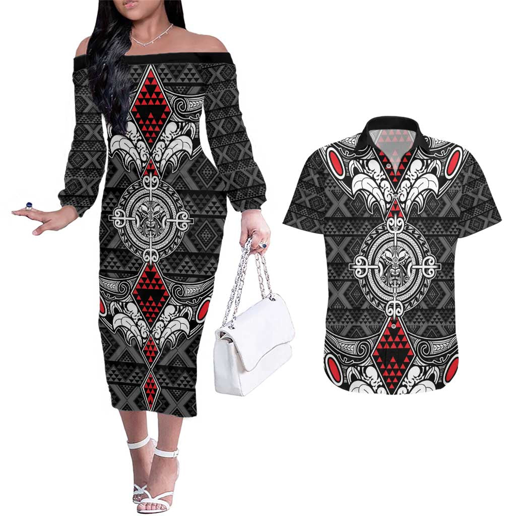 Black Aotearoa Tanilo Motif Couples Matching Off The Shoulder Long Sleeve Dress and Hawaiian Shirt Vintage Maori New Zealand Tribal Art Pattern LT9 Black - Polynesian Pride