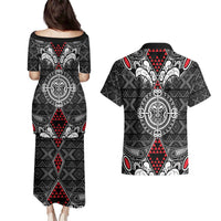 Black Aotearoa Tanilo Motif Couples Matching Puletasi and Hawaiian Shirt Vintage Maori New Zealand Tribal Art Pattern