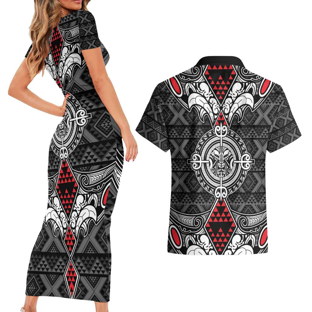 Black Aotearoa Tanilo Motif Couples Matching Short Sleeve Bodycon Dress and Hawaiian Shirt Vintage Maori New Zealand Tribal Art Pattern LT9 - Polynesian Pride
