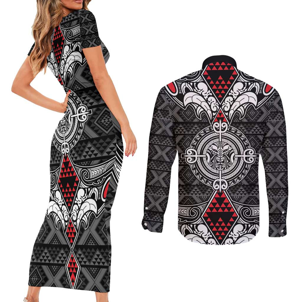 Black Aotearoa Tanilo Motif Couples Matching Short Sleeve Bodycon Dress and Long Sleeve Button Shirt Vintage Maori New Zealand Tribal Art Pattern LT9 - Polynesian Pride