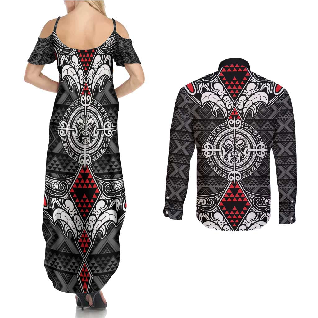Black Aotearoa Tanilo Motif Couples Matching Summer Maxi Dress and Long Sleeve Button Shirt Vintage Maori New Zealand Tribal Art Pattern LT9 - Polynesian Pride