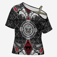 Black Aotearoa Taniko Motif Cross Shoulder Shirt Vintage Maori New Zealand Tribal Art Pattern - Polynesian Pride