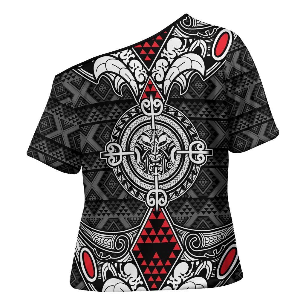 Black Aotearoa Taniko Motif Cross Shoulder Shirt Vintage Maori New Zealand Tribal Art Pattern - Polynesian Pride
