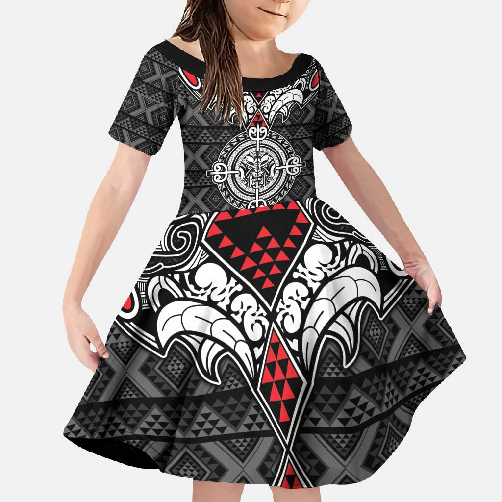 Black Aotearoa Tanilo Motif Family Matching Long Sleeve Bodycon Dress and Hawaiian Shirt Vintage Maori New Zealand Tribal Art Pattern LT9 Daughter's Dress Black - Polynesian Pride