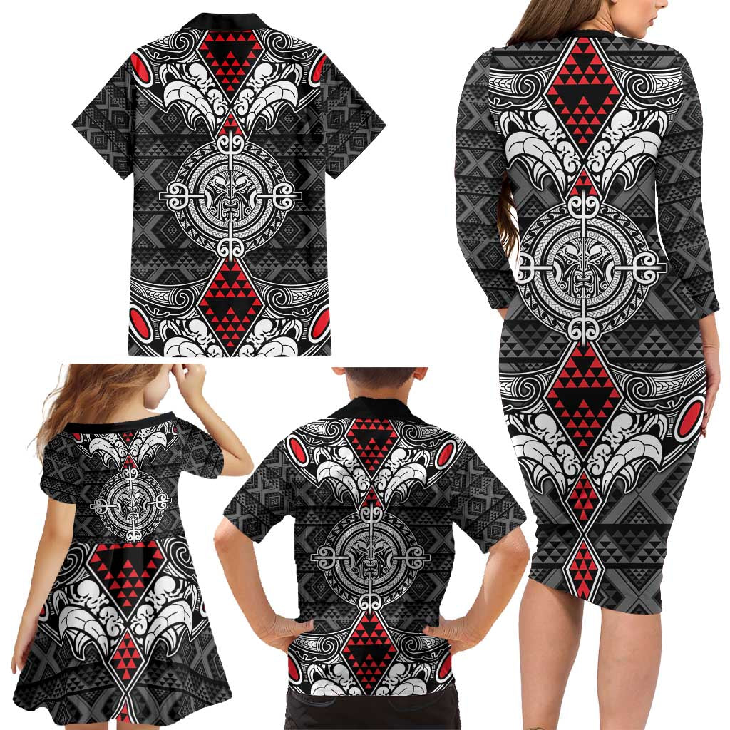 Black Aotearoa Tanilo Motif Family Matching Long Sleeve Bodycon Dress and Hawaiian Shirt Vintage Maori New Zealand Tribal Art Pattern LT9 - Polynesian Pride