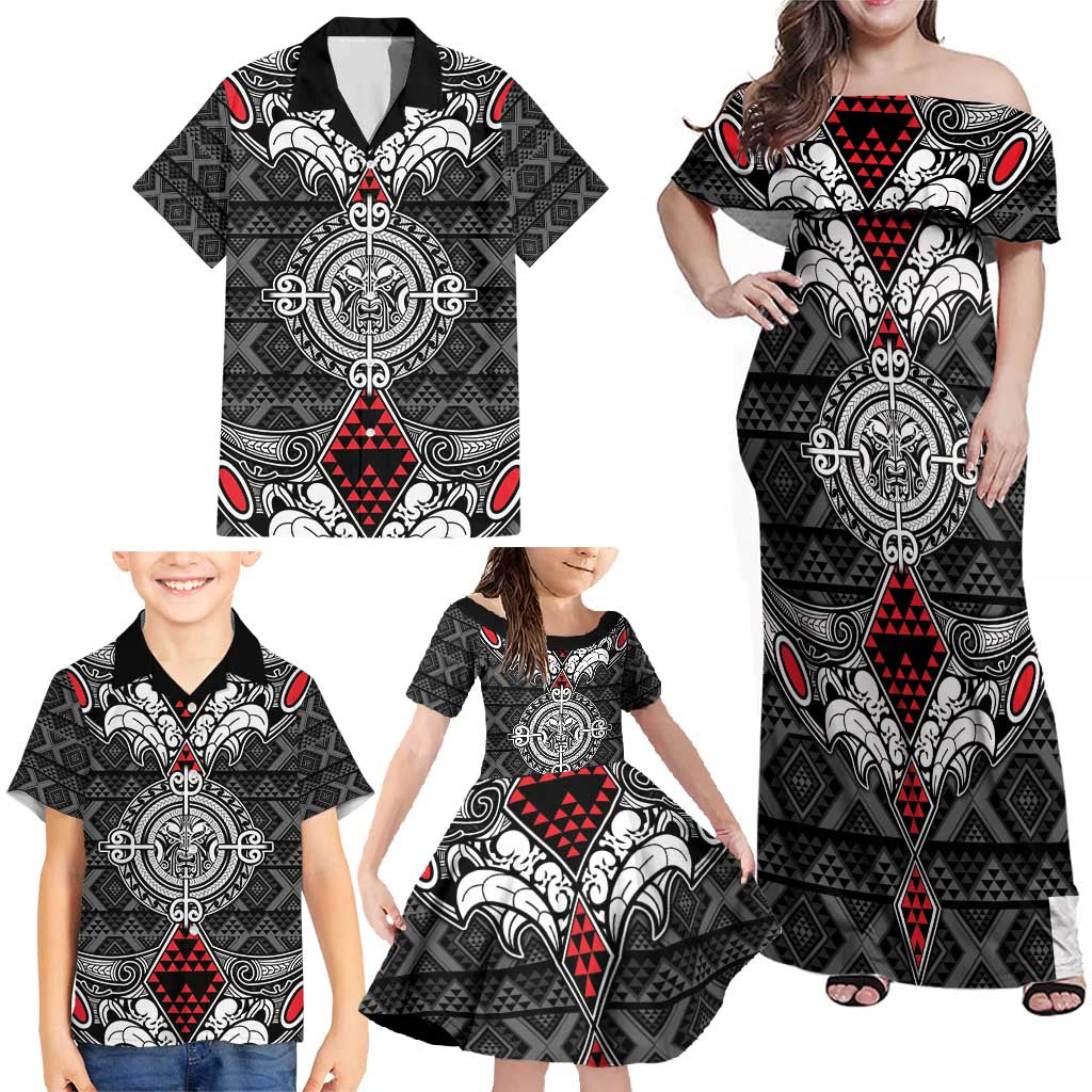 Black Aotearoa Tanilo Motif Family Matching Off Shoulder Maxi Dress and Hawaiian Shirt Vintage Maori New Zealand Tribal Art Pattern LT9 - Polynesian Pride