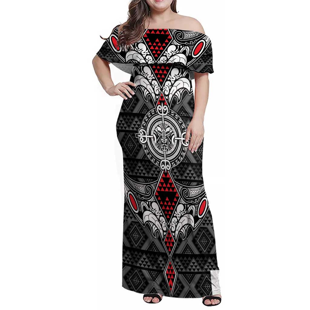 Black Aotearoa Tanilo Motif Family Matching Off Shoulder Maxi Dress and Hawaiian Shirt Vintage Maori New Zealand Tribal Art Pattern LT9 Mom's Dress Black - Polynesian Pride