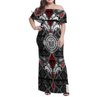 Black Aotearoa Tanilo Motif Family Matching Off Shoulder Maxi Dress and Hawaiian Shirt Vintage Maori New Zealand Tribal Art Pattern LT9 Mom's Dress Black - Polynesian Pride