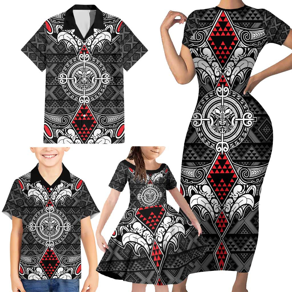 Black Aotearoa Tanilo Motif Family Matching Short Sleeve Bodycon Dress and Hawaiian Shirt Vintage Maori New Zealand Tribal Art Pattern LT9 - Polynesian Pride