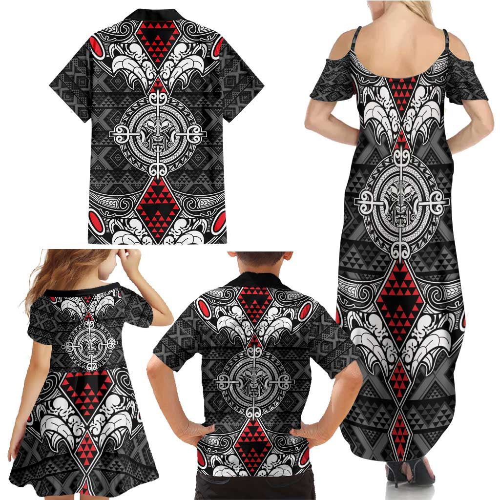 Black Aotearoa Tanilo Motif Family Matching Summer Maxi Dress and Hawaiian Shirt Vintage Maori New Zealand Tribal Art Pattern LT9 - Polynesian Pride