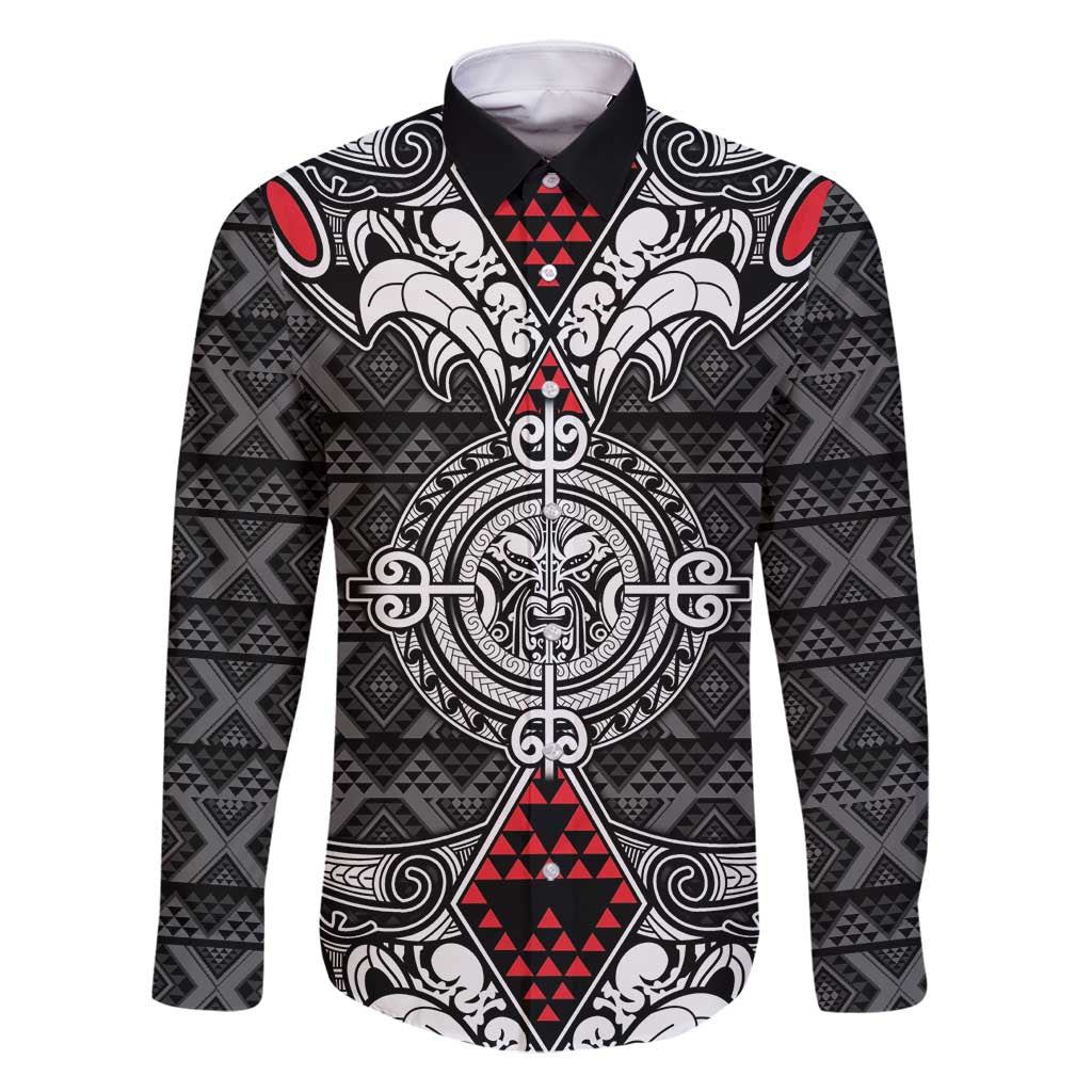 Black Aotearoa Tanilo Motif Family Matching Tank Maxi Dress and Hawaiian Shirt Vintage Maori New Zealand Tribal Art Pattern LT9 Dad's Shirt - Long Sleeve Black - Polynesian Pride