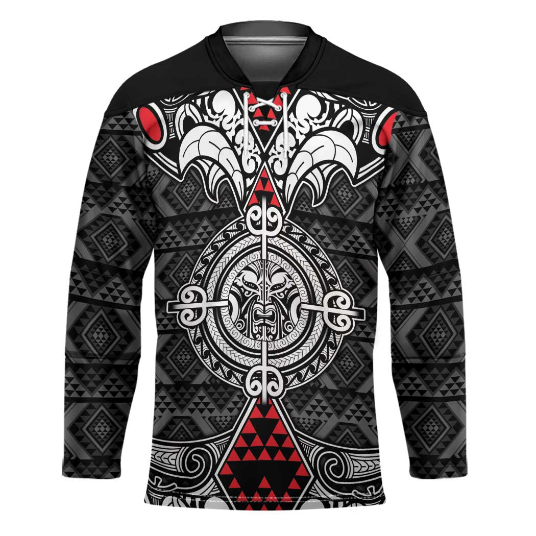 Black Aotearoa Taniko Motif Hockey Jersey Vintage Maori New Zealand Tribal Art Pattern - Polynesian Pride