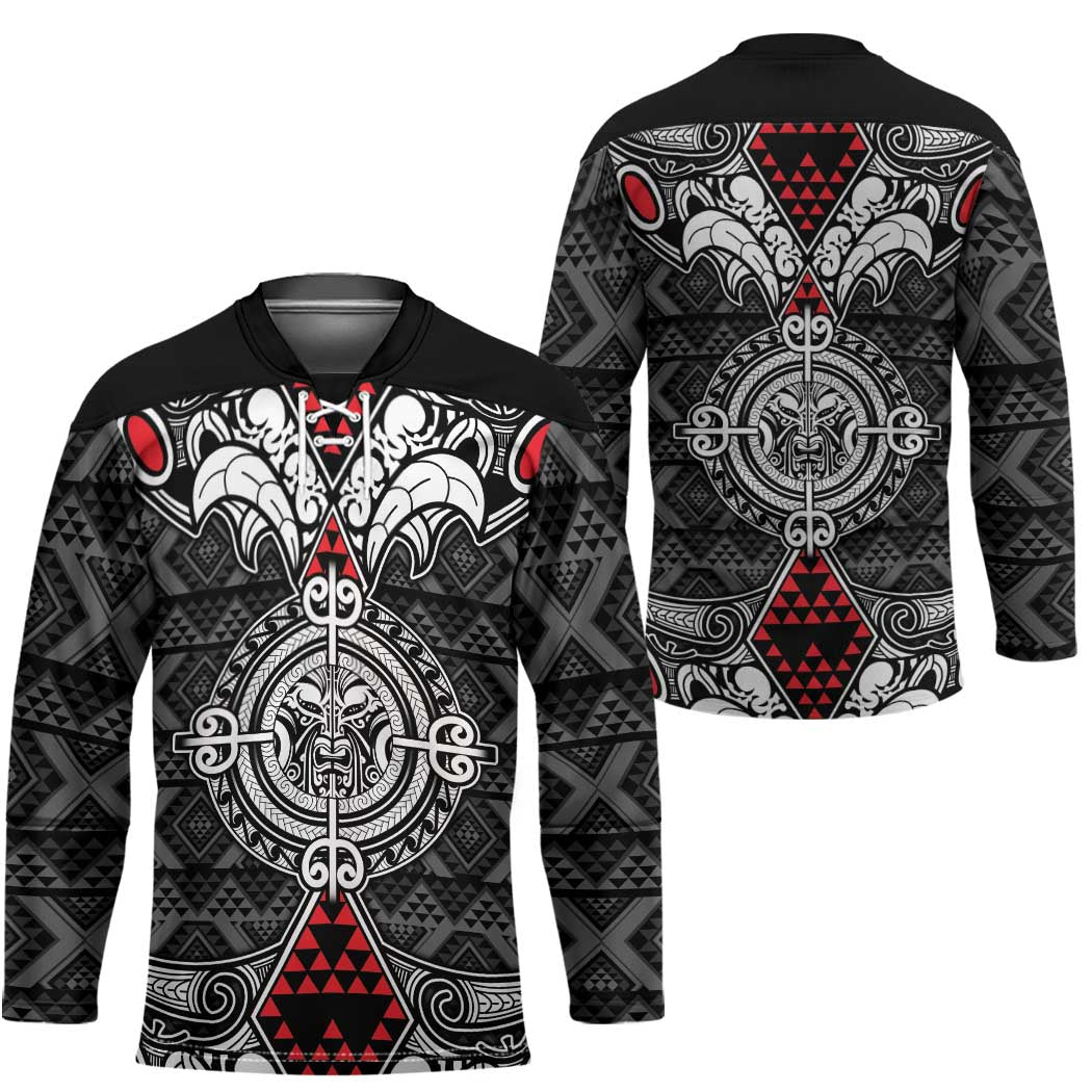 Black Aotearoa Taniko Motif Hockey Jersey Vintage Maori New Zealand Tribal Art Pattern - Polynesian Pride