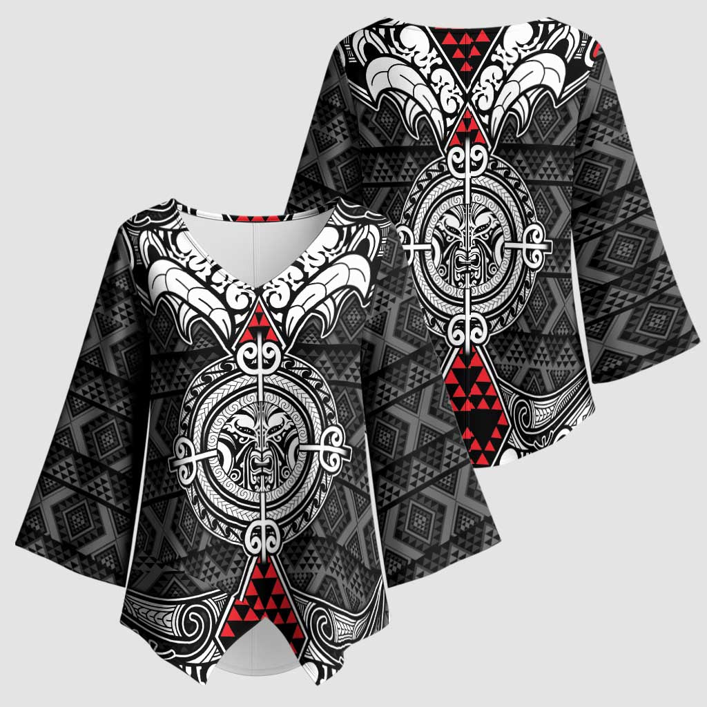 Black Aotearoa Taniko Motif Kimono Sleeve Blouse Vintage Maori New Zealand Tribal Art Pattern - Polynesian Pride