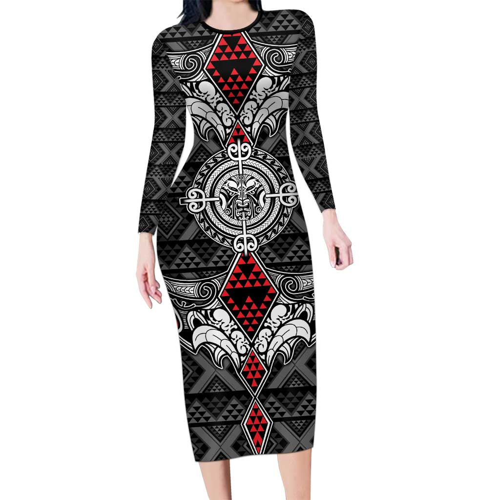 Black Aotearoa Tanilo Motif Long Sleeve Bodycon Dress Vintage Maori New Zealand Tribal Art Pattern LT9 Long Dress Black - Polynesian Pride