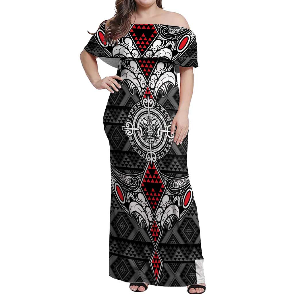 Black Aotearoa Tanilo Motif Off Shoulder Maxi Dress Vintage Maori New Zealand Tribal Art Pattern