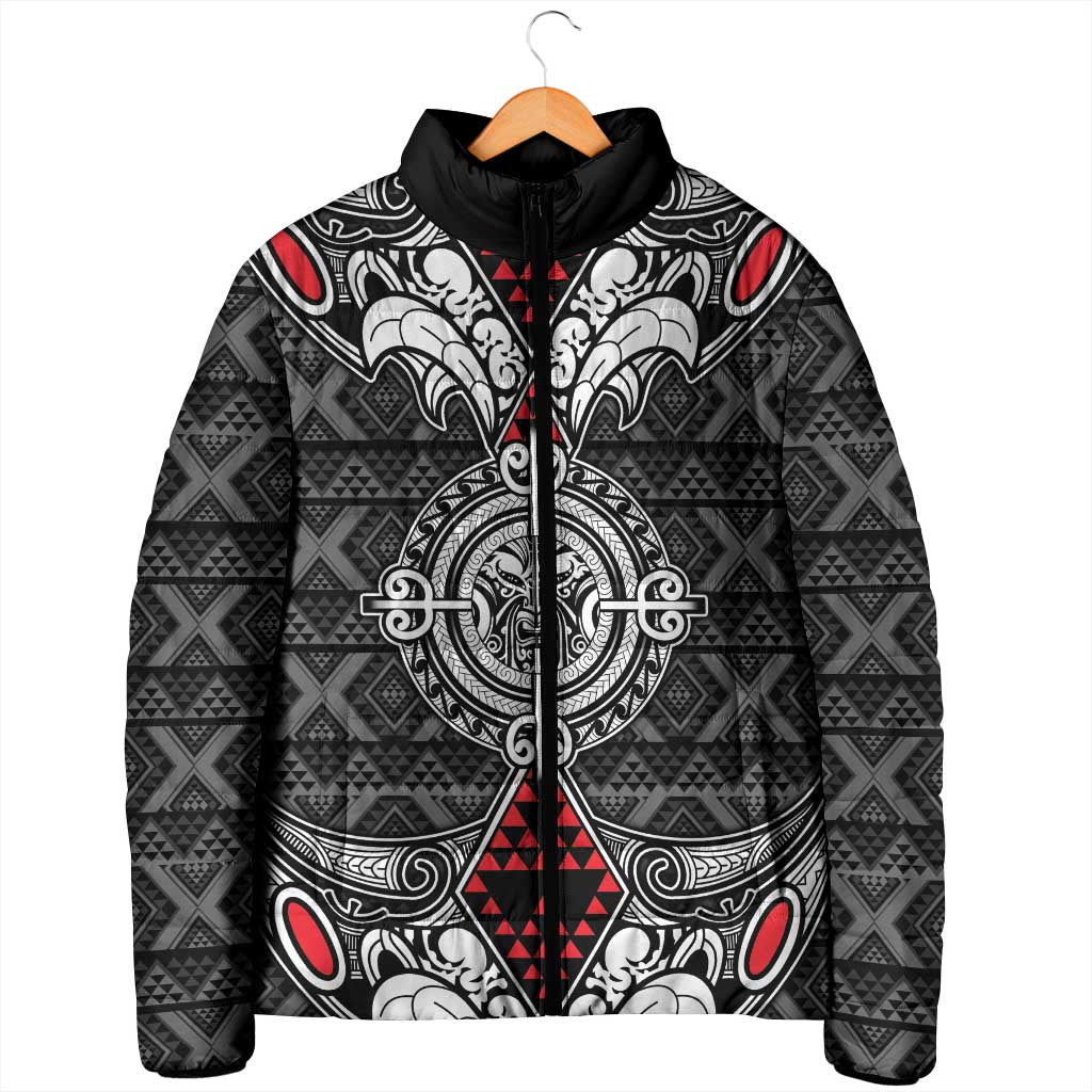 Black Aotearoa Taniko Motif Padded Jacket Vintage Maori New Zealand Tribal Art Pattern - Polynesian Pride
