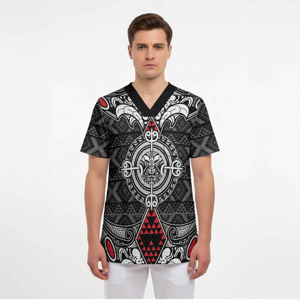 Black Aotearoa Taniko Motif Scrub Top Vintage Maori New Zealand Tribal Art Pattern - Polynesian Pride