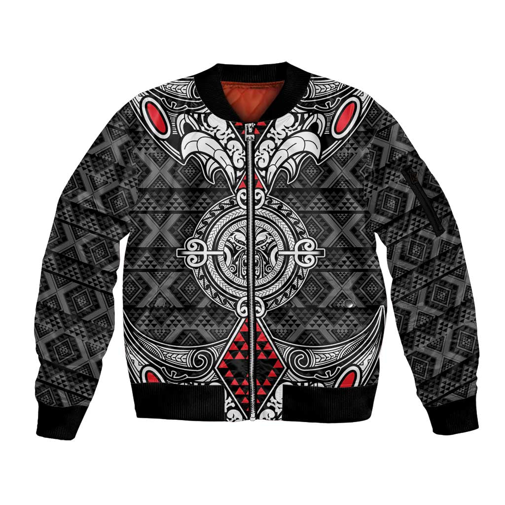Black Aotearoa Tanilo Motif Sleeve Zip Bomber Jacket Vintage Maori New Zealand Tribal Art Pattern LT9 Unisex Black - Polynesian Pride