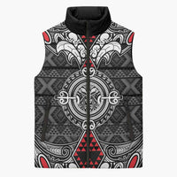 Black Aotearoa Taniko Motif Sleeveless Puffer Jacket Vintage Maori New Zealand Tribal Art Pattern - Polynesian Pride