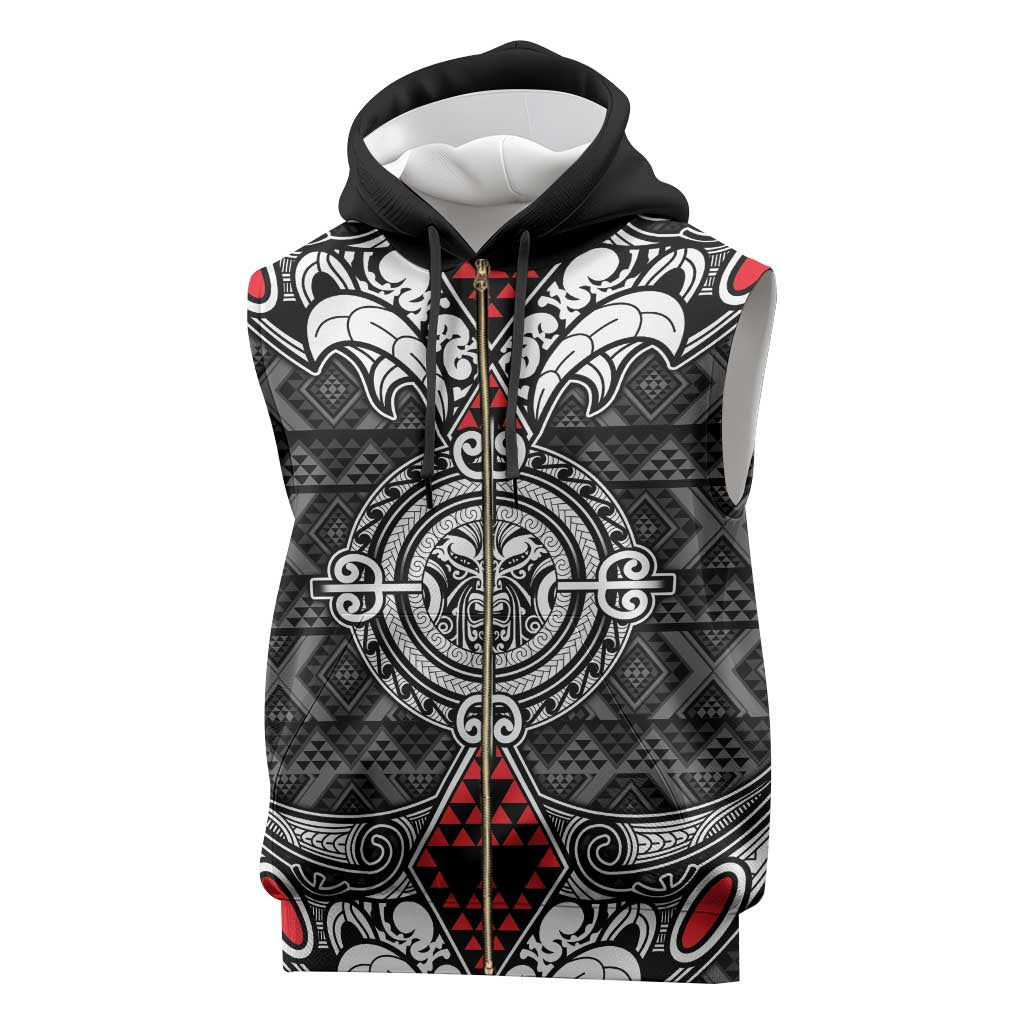 Black Aotearoa Taniko Motif Sleeveless Zip Hoodie Vintage Maori New Zealand Tribal Art Pattern - Polynesian Pride