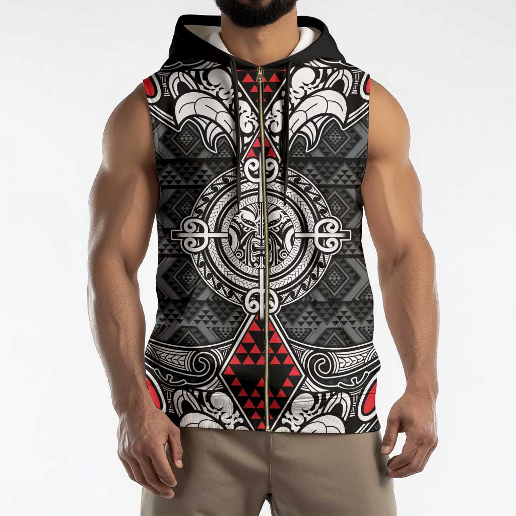 Black Aotearoa Taniko Motif Sleeveless Zip Hoodie Vintage Maori New Zealand Tribal Art Pattern - Polynesian Pride