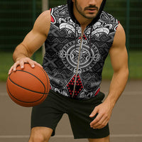 Black Aotearoa Taniko Motif Sleeveless Zip Hoodie Vintage Maori New Zealand Tribal Art Pattern - Polynesian Pride