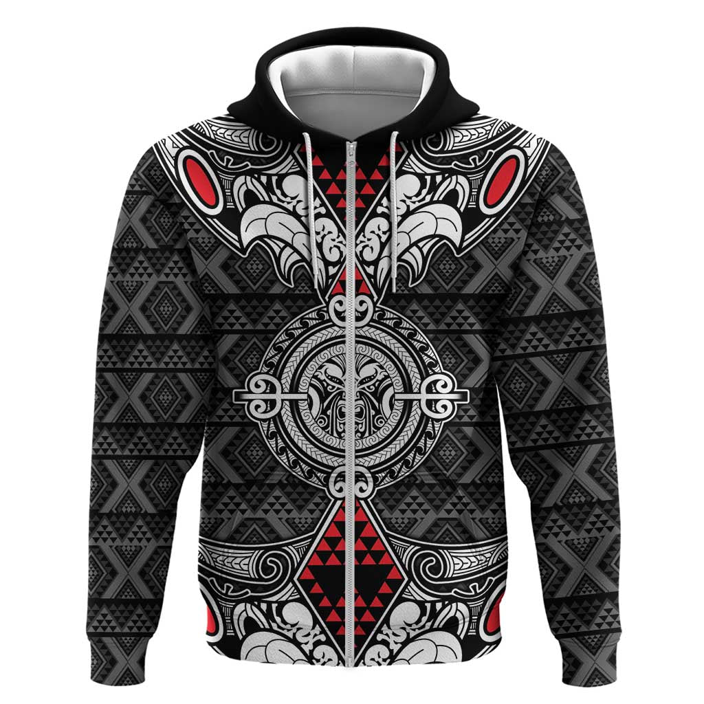 Black Aotearoa Tanilo Motif Zip Hoodie Vintage Maori New Zealand Tribal Art Pattern LT9 Zip Hoodie Black - Polynesian Pride