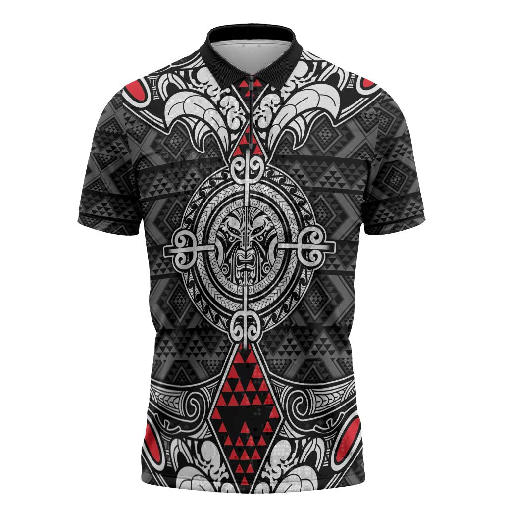 Black Aotearoa Taniko Motif Zipper Polo Shirt Vintage Maori New Zealand Tribal Art Pattern LT9 Black - Polynesian Pride