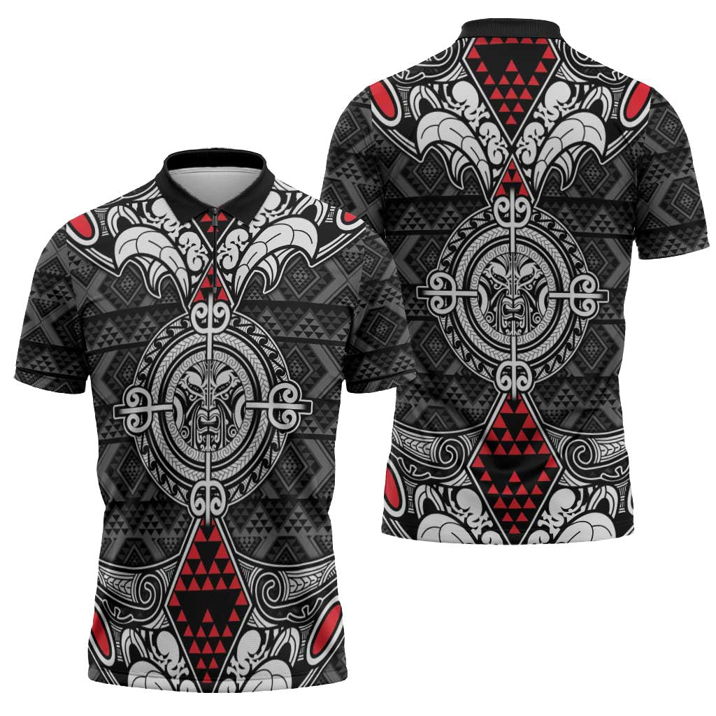 Black Aotearoa Taniko Motif Zipper Polo Shirt Vintage Maori New Zealand Tribal Art Pattern LT9 - Polynesian Pride