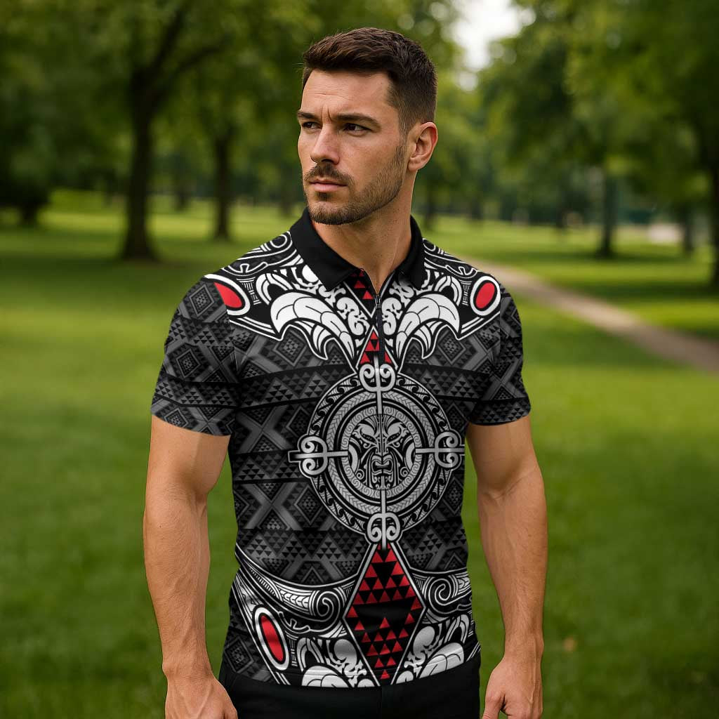 Black Aotearoa Taniko Motif Zipper Polo Shirt Vintage Maori New Zealand Tribal Art Pattern LT9 - Polynesian Pride