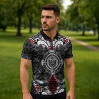 Black Aotearoa Taniko Motif Zipper Polo Shirt Vintage Maori New Zealand Tribal Art Pattern LT9 - Polynesian Pride