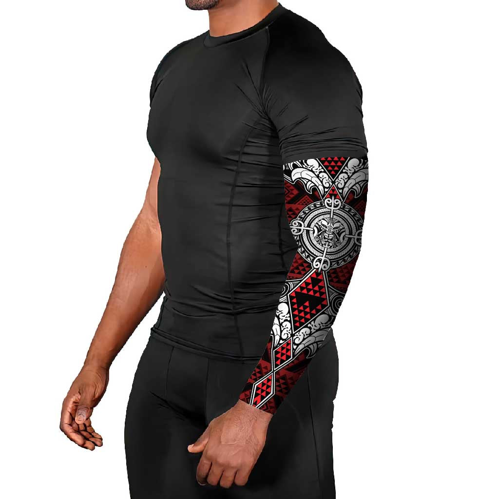 Red Aotearoa Taniko Motif Arm Sleeves Vintage Maori New Zealand Tribal Art Pattern - Polynesian Pride