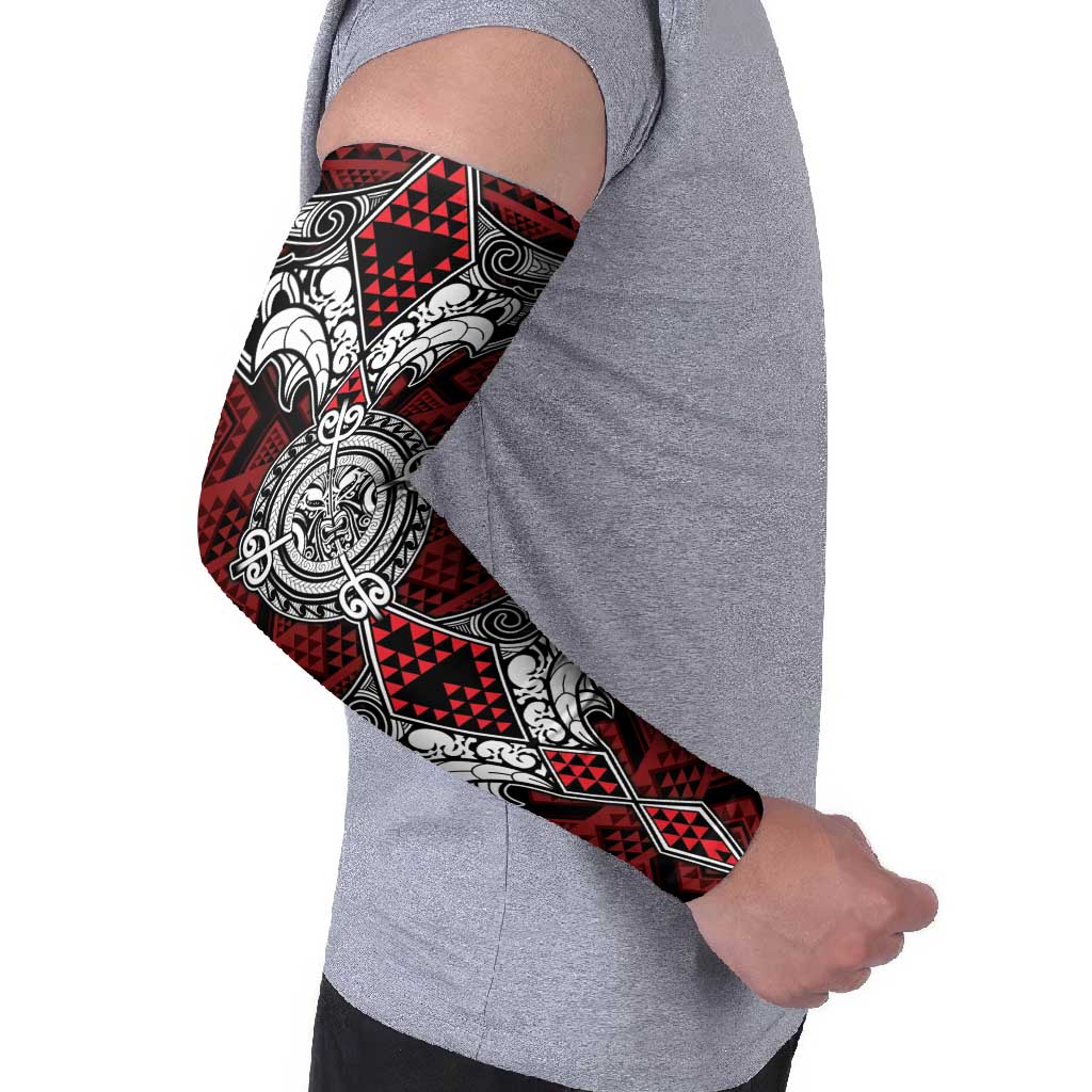 Red Aotearoa Taniko Motif Arm Sleeves Vintage Maori New Zealand Tribal Art Pattern - Polynesian Pride