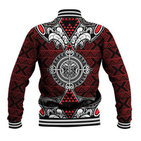Red Aotearoa Tanilo Motif Baseball Jacket Vintage Maori New Zealand Tribal Art Pattern