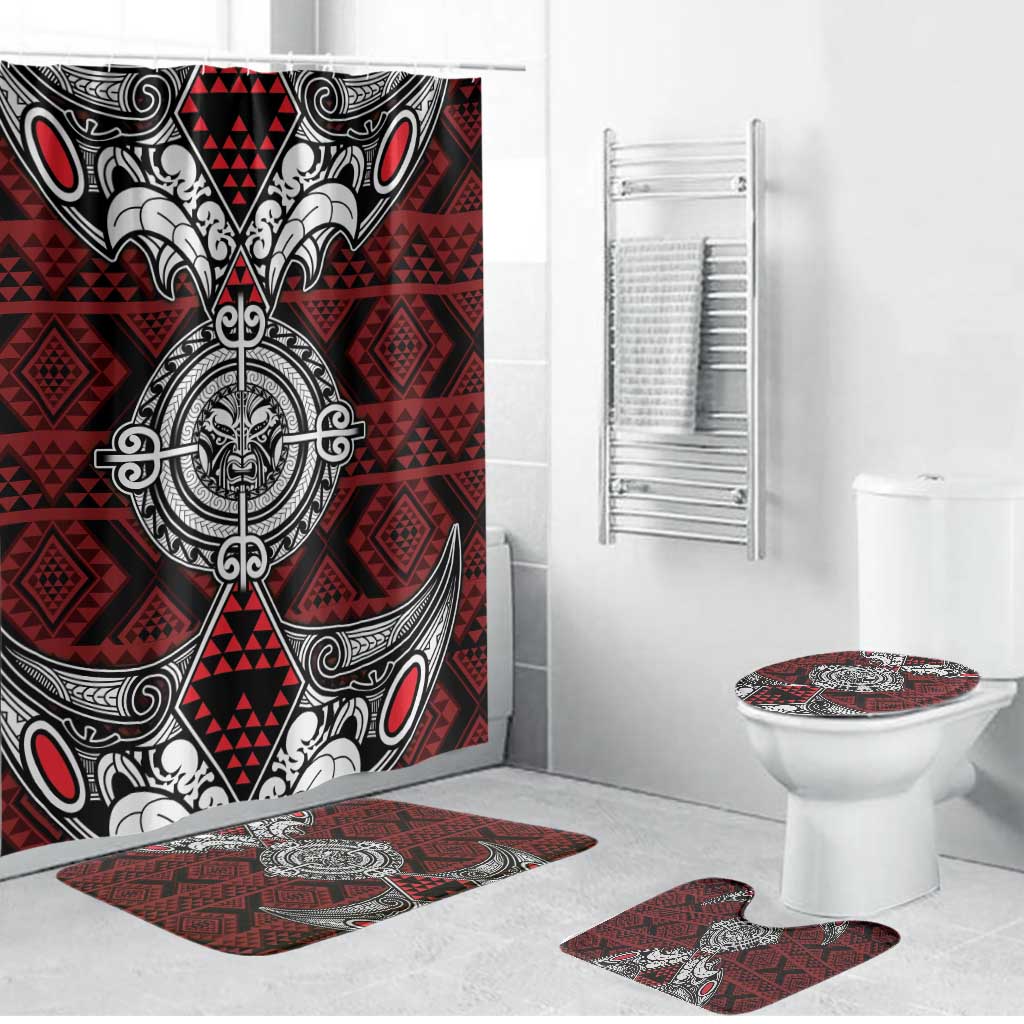 Red Aotearoa Taniko Motif Bathroom Set Vintage Maori New Zealand Tribal Art Pattern - Polynesian Pride