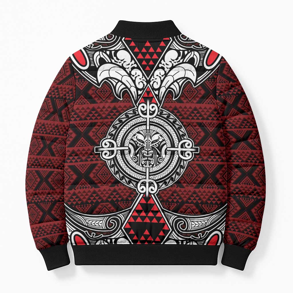 Red Aotearoa Taniko Motif Bomber Puffer Jacket Vintage Maori New Zealand Tribal Art Pattern - Polynesian Pride