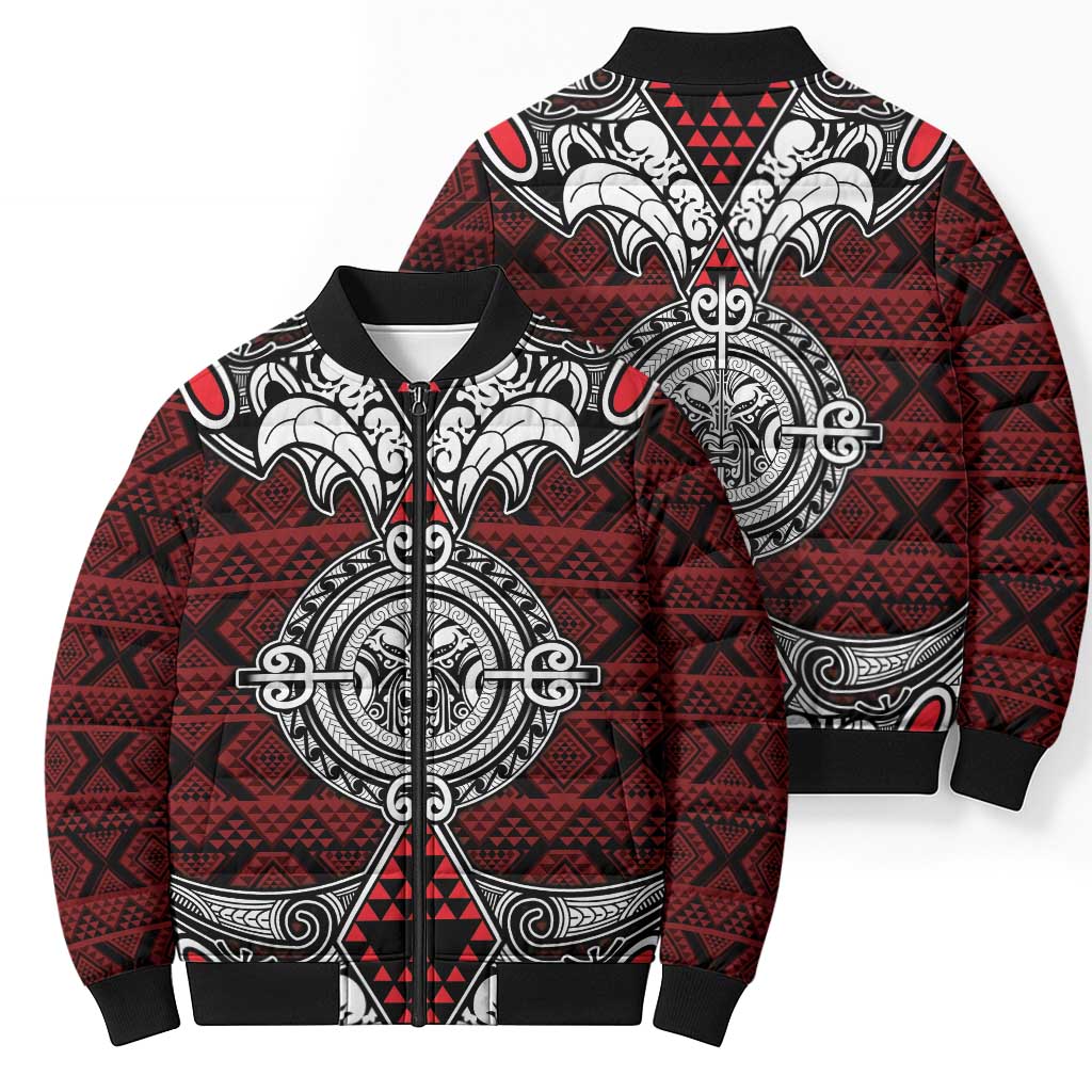 Red Aotearoa Taniko Motif Bomber Puffer Jacket Vintage Maori New Zealand Tribal Art Pattern - Polynesian Pride