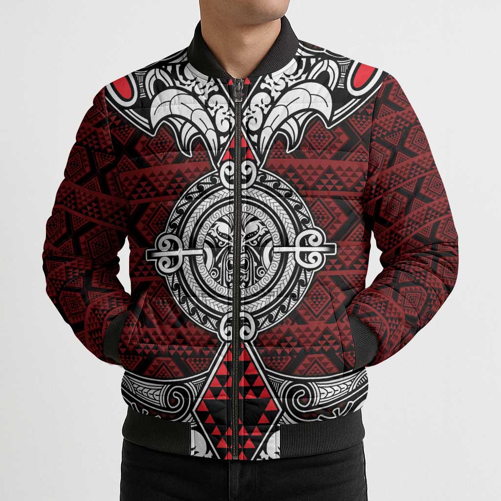 Red Aotearoa Taniko Motif Bomber Puffer Jacket Vintage Maori New Zealand Tribal Art Pattern - Polynesian Pride