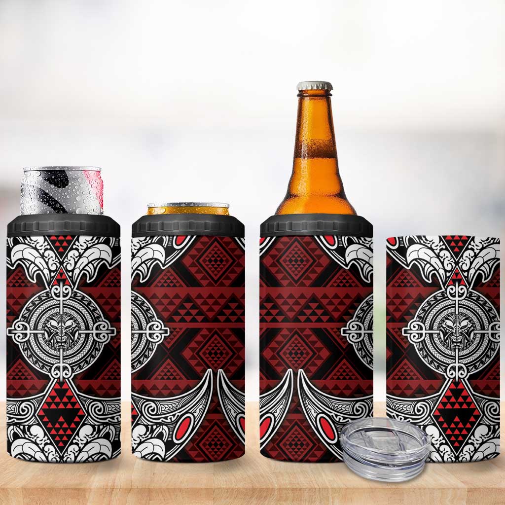 Red Aotearoa Taniko Motif 4 in 1 Can Cooler Tumbler Vintage Maori New Zealand Tribal Art Pattern LT9 - Polynesian Pride
