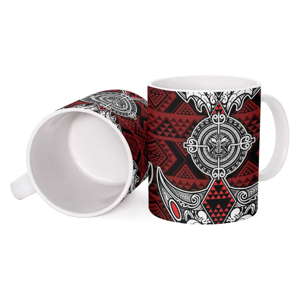 Red Aotearoa Taniko Motif Ceramic Mug Vintage Maori New Zealand Tribal Art Pattern - Polynesian Pride