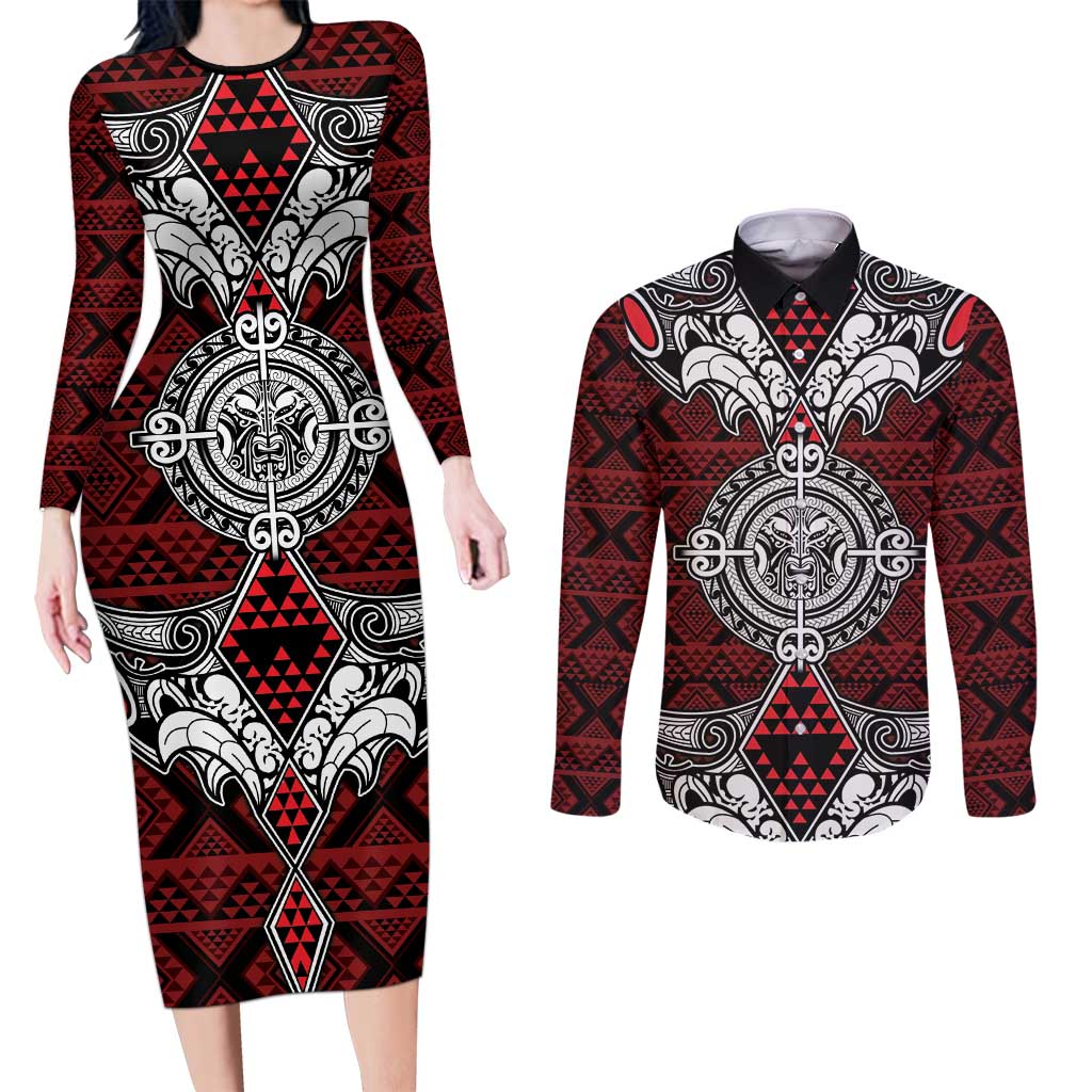 Red Aotearoa Tanilo Motif Couples Matching Long Sleeve Bodycon Dress and Long Sleeve Button Shirt Vintage Maori New Zealand Tribal Art Pattern LT9 Red - Polynesian Pride