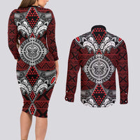 Red Aotearoa Tanilo Motif Couples Matching Long Sleeve Bodycon Dress and Long Sleeve Button Shirt Vintage Maori New Zealand Tribal Art Pattern LT9 - Polynesian Pride