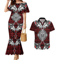 Red Aotearoa Tanilo Motif Couples Matching Mermaid Dress and Hawaiian Shirt Vintage Maori New Zealand Tribal Art Pattern LT9 Red - Polynesian Pride
