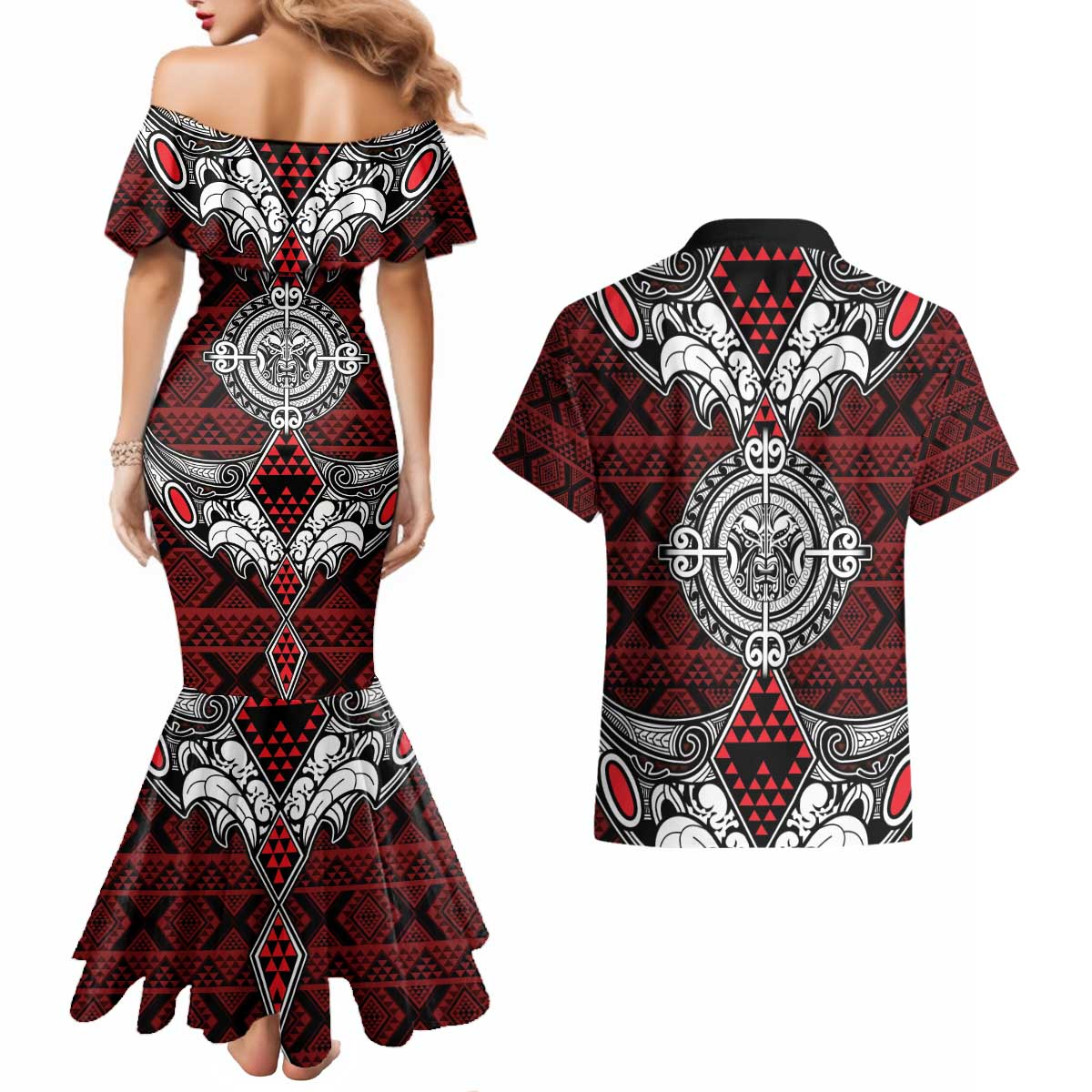 Red Aotearoa Tanilo Motif Couples Matching Mermaid Dress and Hawaiian Shirt Vintage Maori New Zealand Tribal Art Pattern LT9 - Polynesian Pride